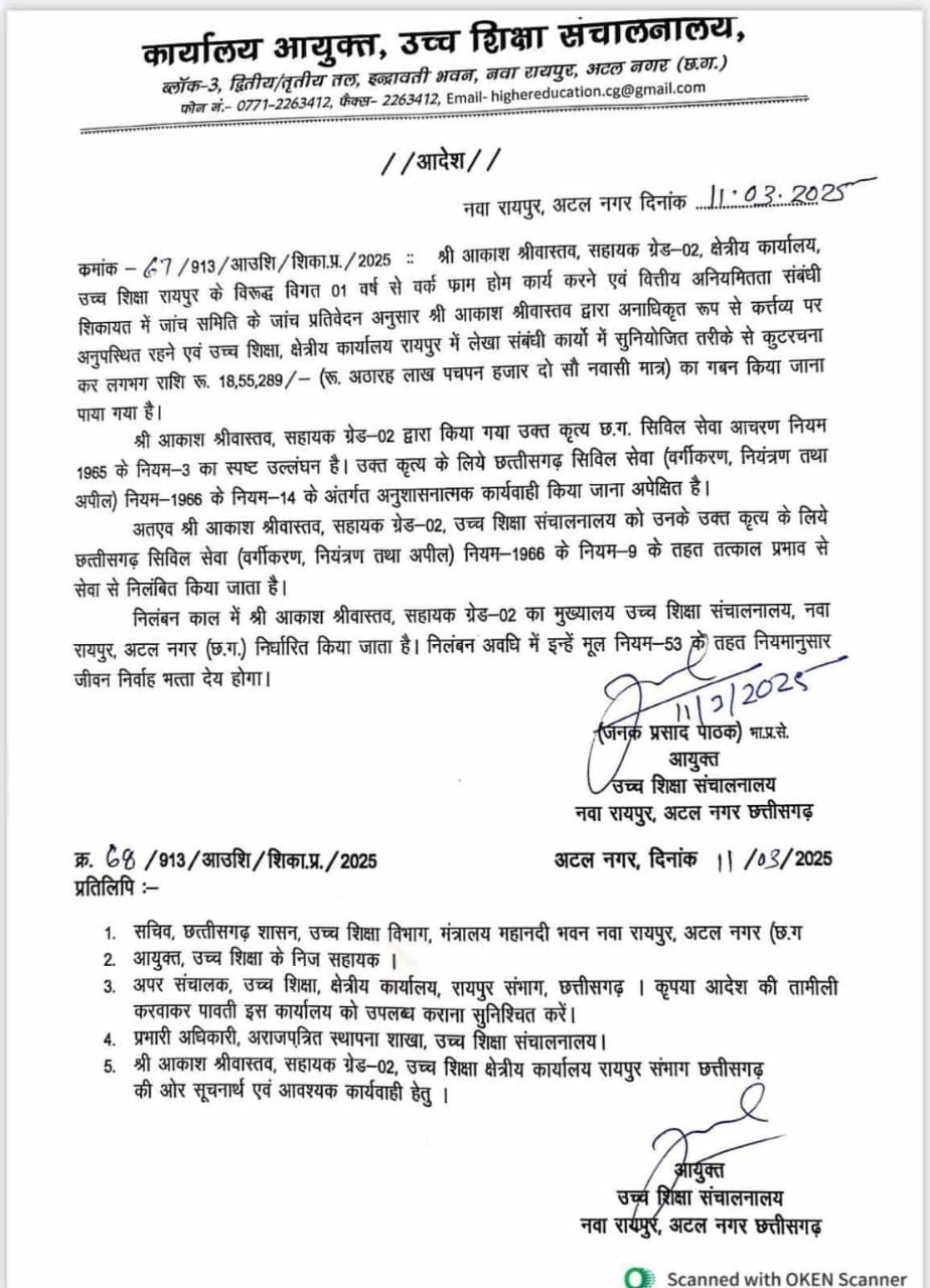 उच्च शिक्षा विभाग में बड़ा घोटाला : बिना चले सरकारी गाड़ी ने गटक लिए 6 लाख, बाबू ने 18.55 लाख का किया गबन…