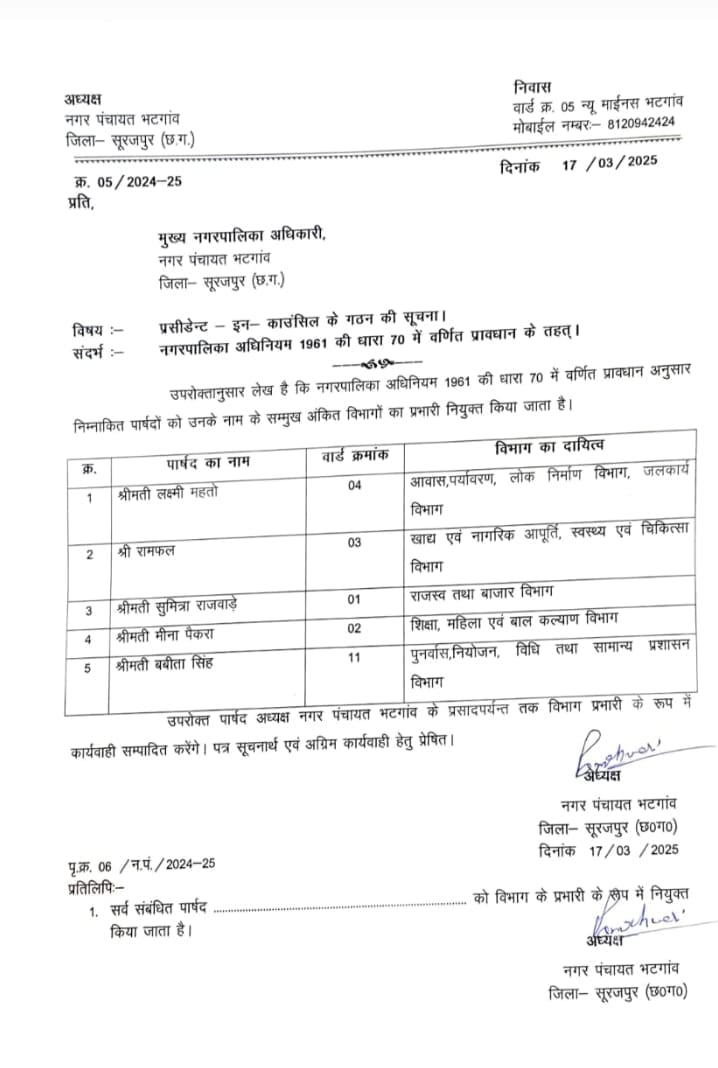 एक नगर पंचायत भटगांव और दो प्रेसिडेंट इन काउंसिल समिति कैसे ?
