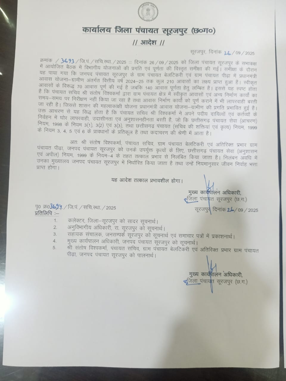 पीएम आवास निर्माण में लापरवाही, सूरजपुर जनपद के दो पंचायत सचिव तत्काल निलंबित