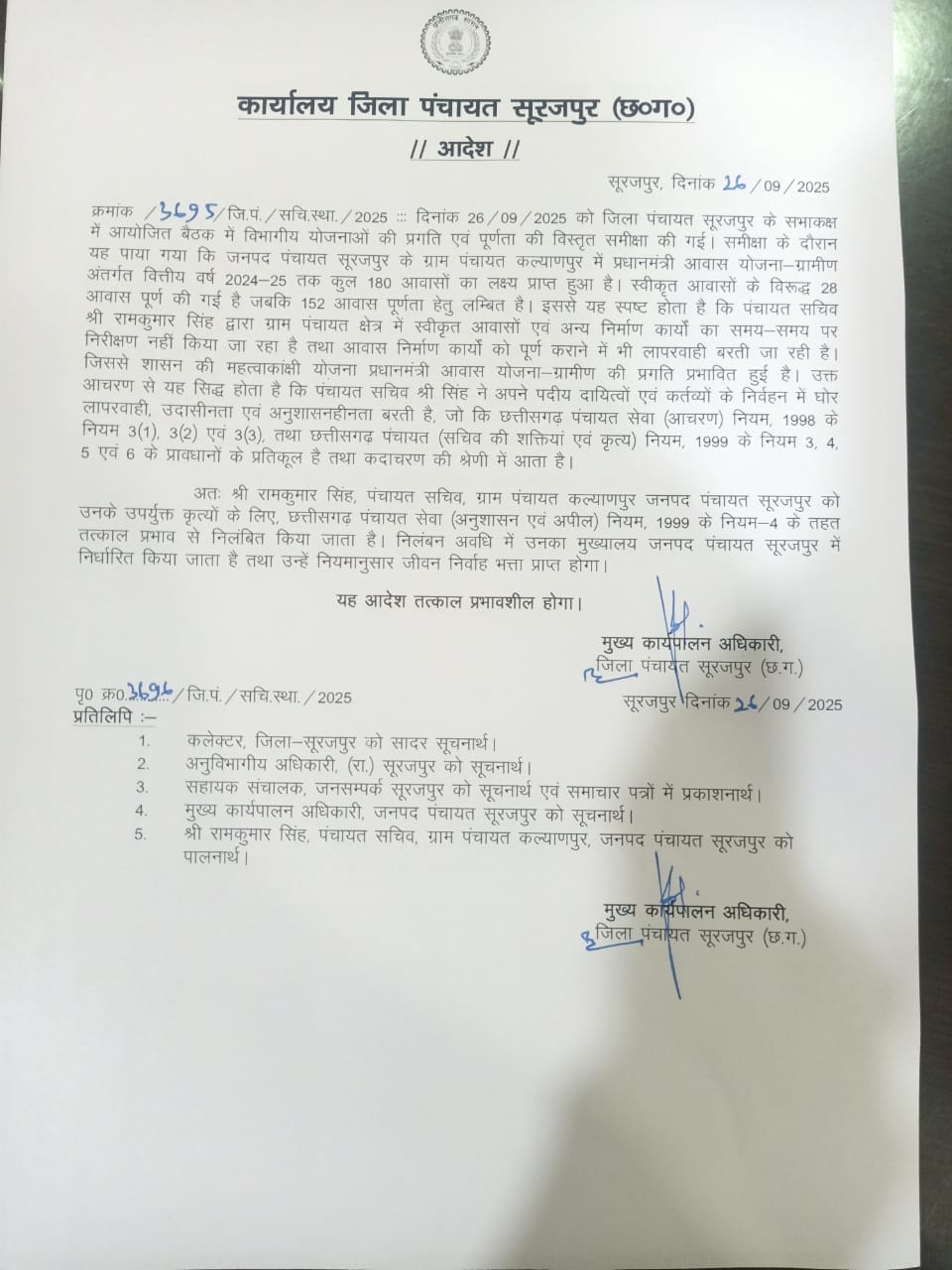 पीएम आवास निर्माण में लापरवाही, सूरजपुर जनपद के दो पंचायत सचिव तत्काल निलंबित