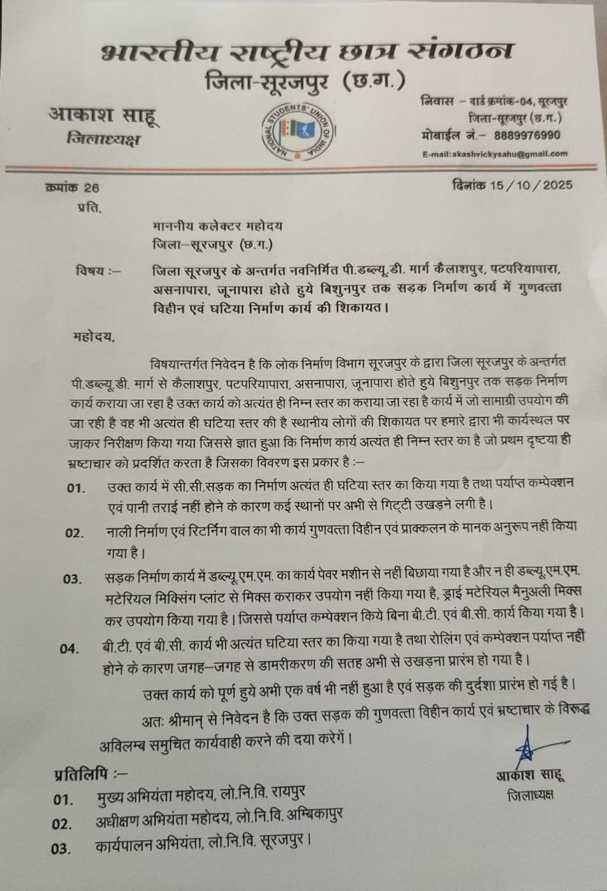 एनएसयूआई ने घटिया सड़क निर्माण को लेकर की कलेक्टर से शिकायत – लोक निर्माण विभाग पर साठगांठ का आरोप