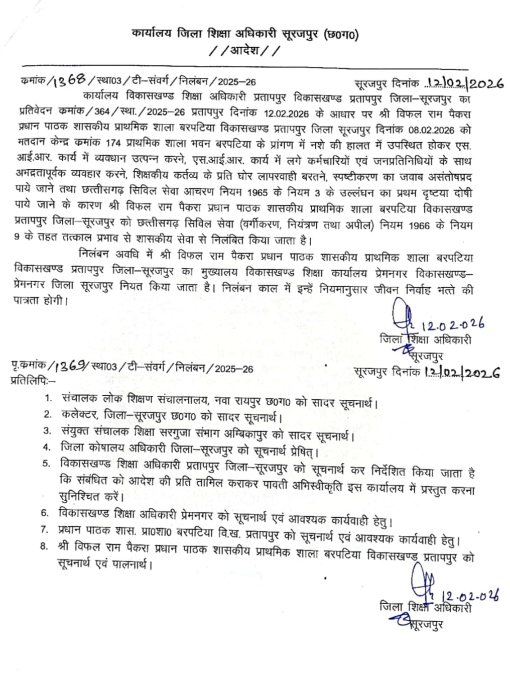 नशे की हालत में चुनाव कार्य में बाधा डालने वाले प्रधान पाठक निलंबित, जिला शिक्षा अधिकारी ने जारी किया आदेश